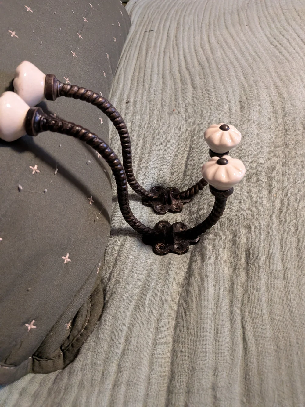 Double Porcelain Knob Wall Hook in White and Bronze